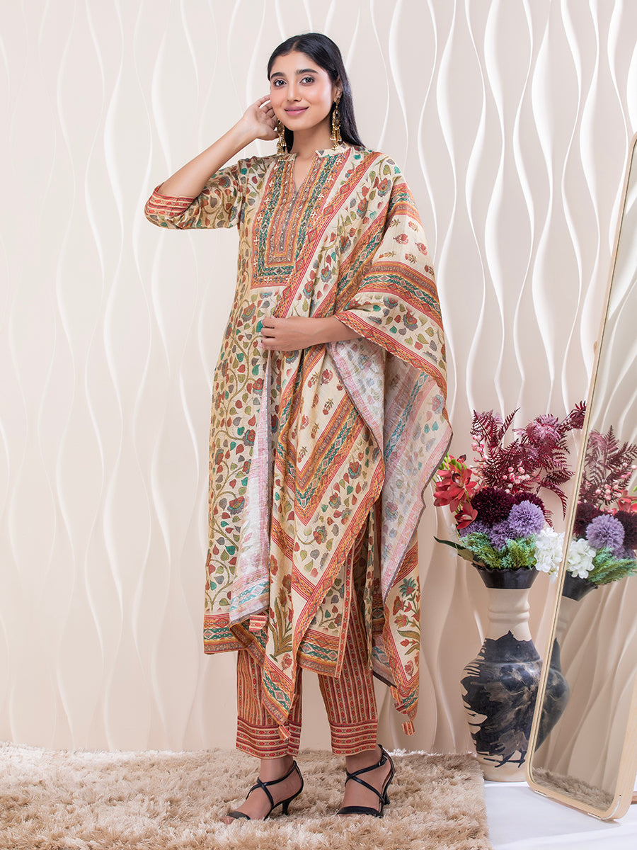 Floral Printed Cotton Kurti Set with Dupatta