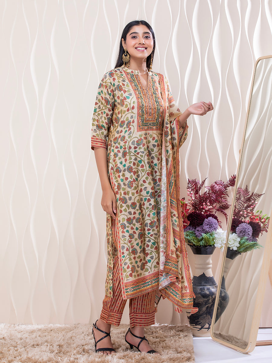 Floral Printed Cotton Kurti Set with Dupatta