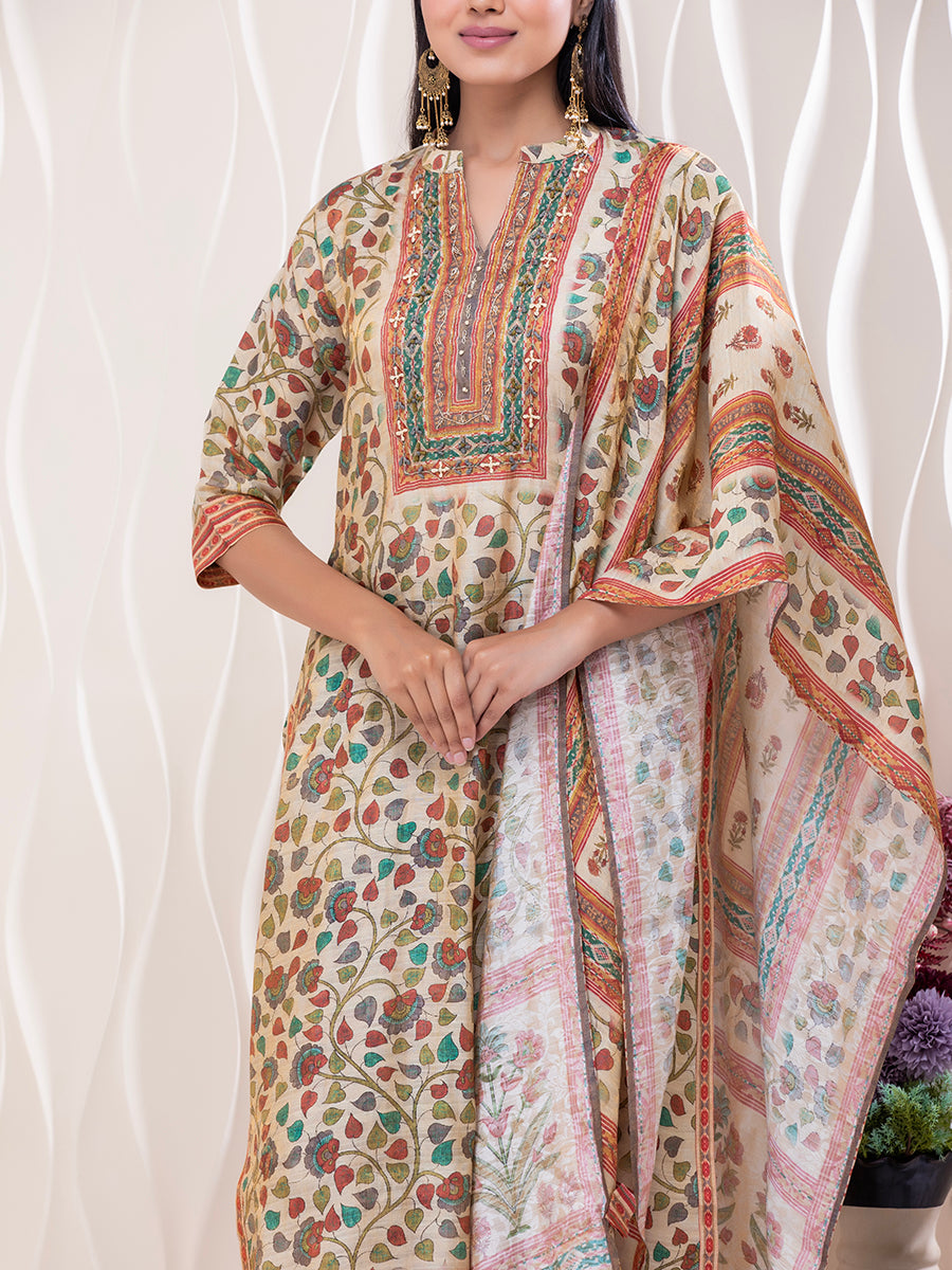 Floral Printed Cotton Kurti Set with Dupatta