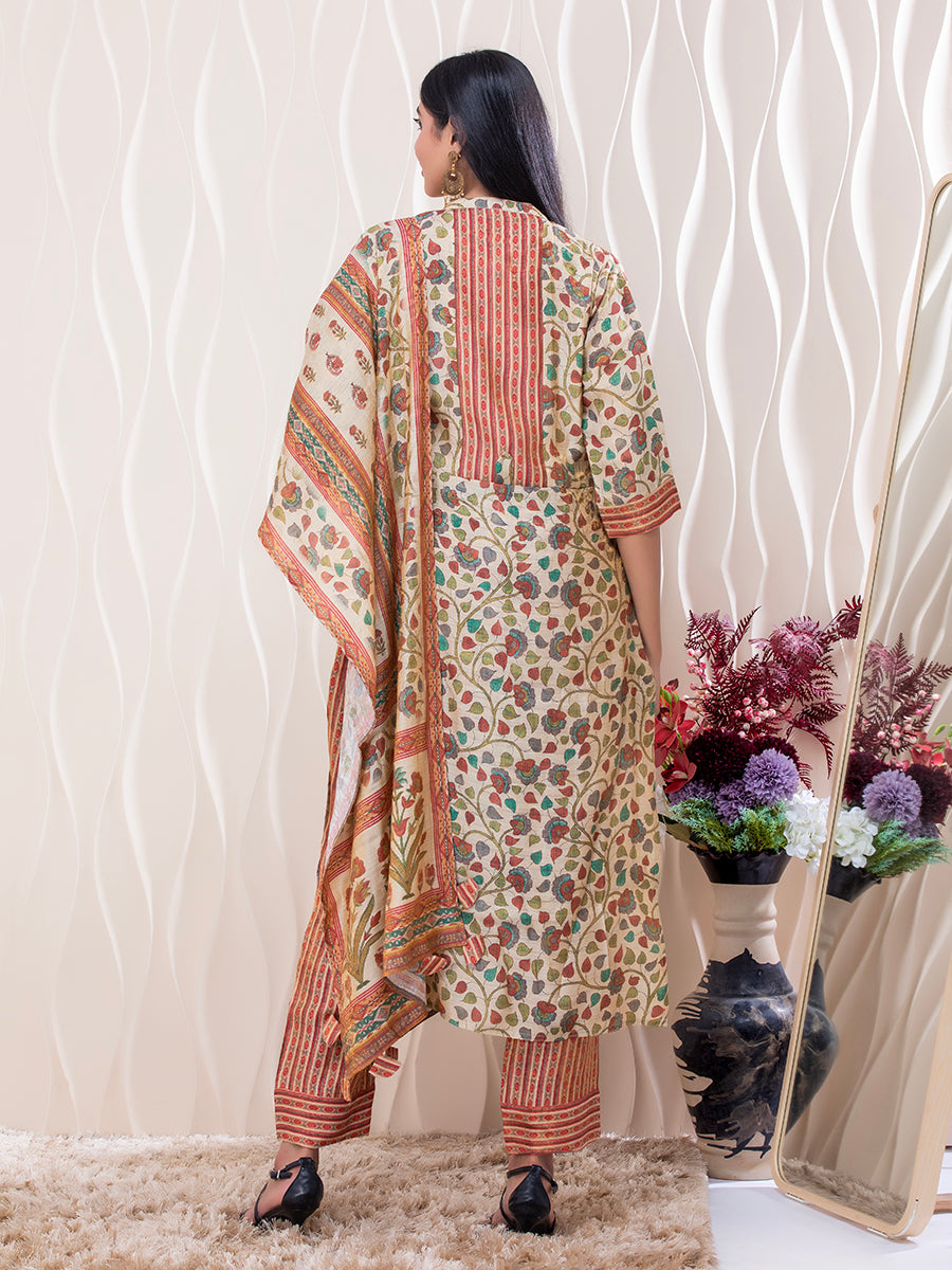 Floral Printed Cotton Kurti Set with Dupatta