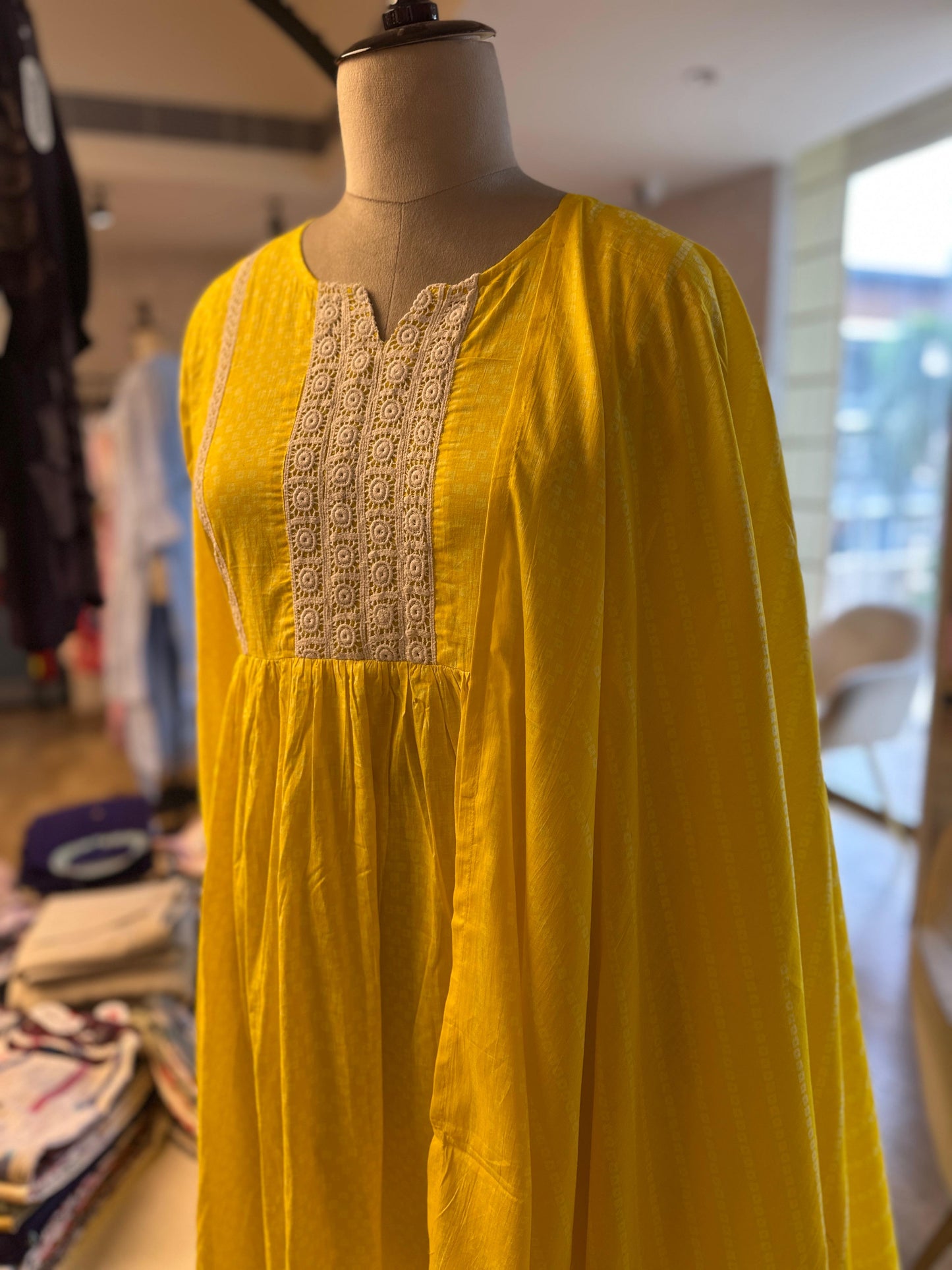 Bright Yellow suit set with Crochet Lace