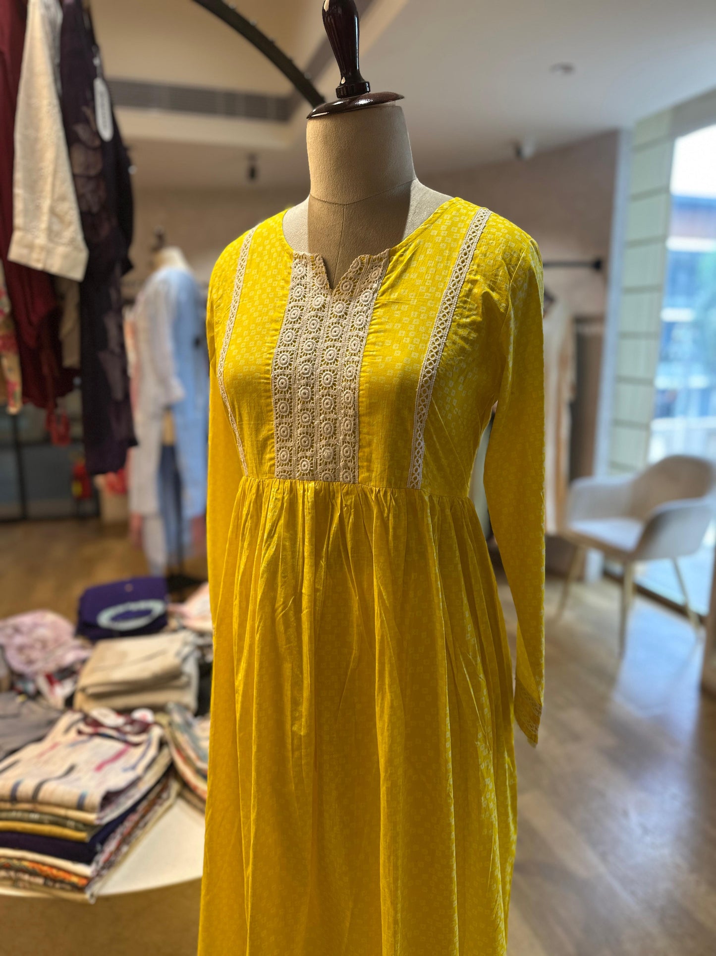 Bright Yellow suit set with Crochet Lace