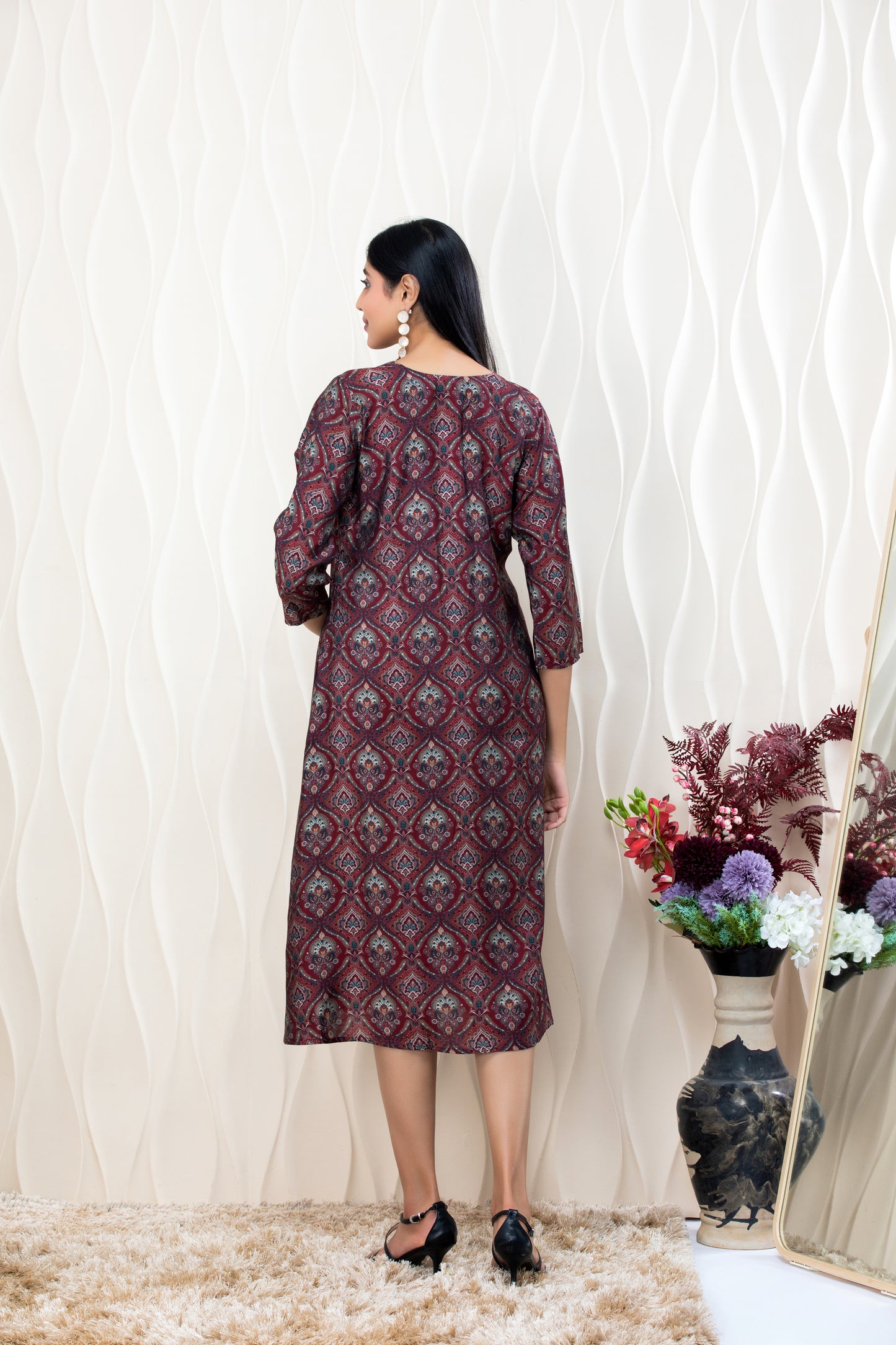 Maroon Geometric Ethnic Print A-Line Midi Dress – 3/4 Sleeve