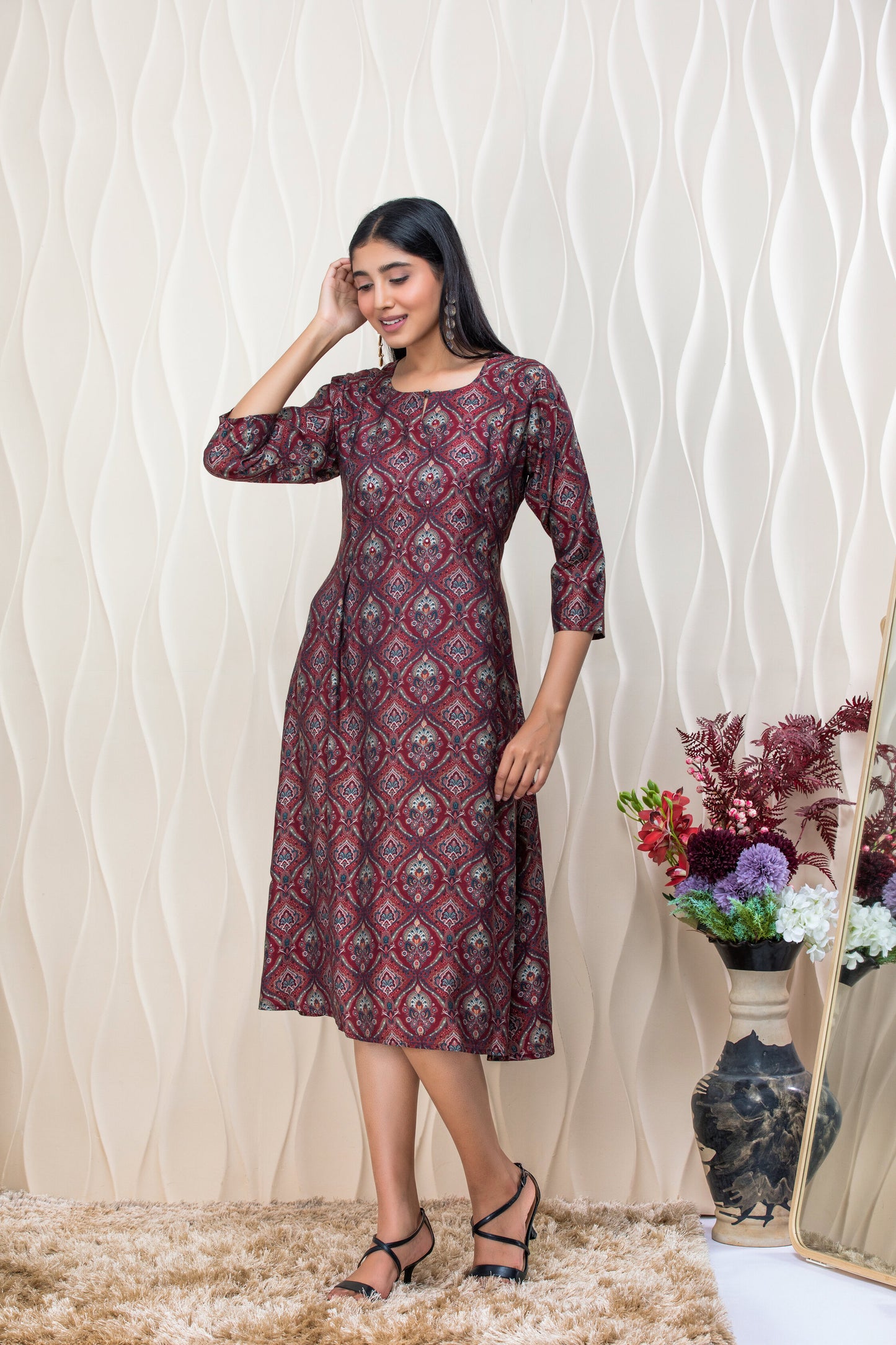 Maroon Geometric Ethnic Print A-Line Midi Dress – 3/4 Sleeve