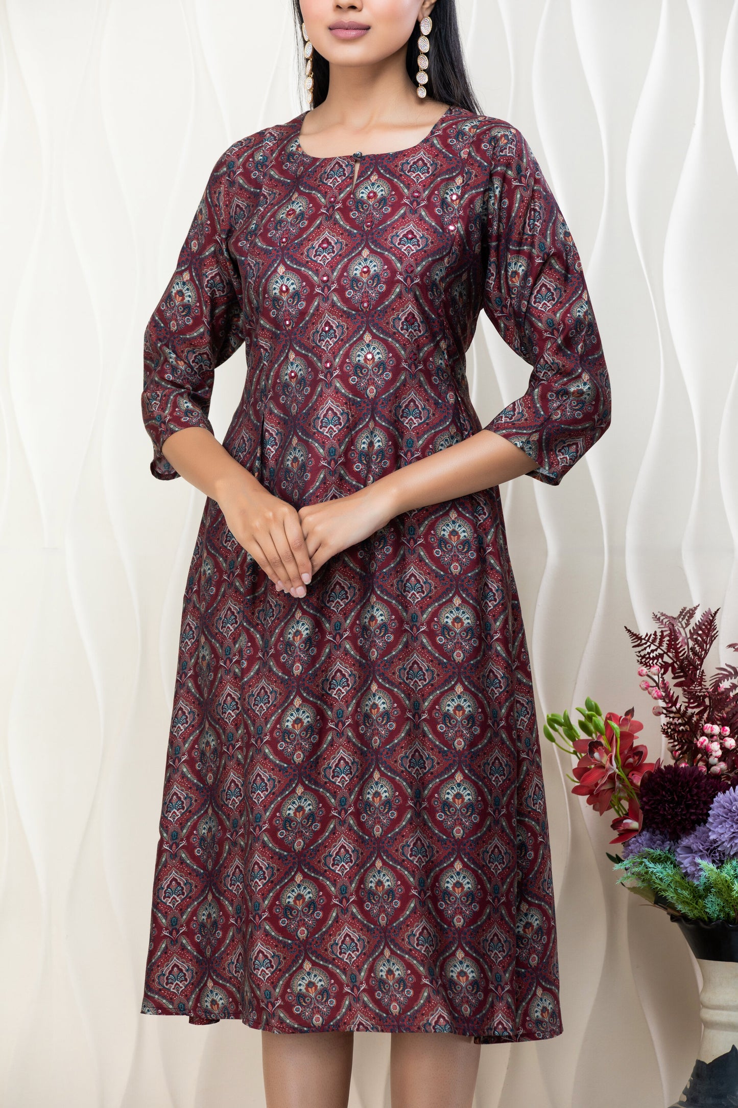 Maroon Geometric Ethnic Print A-Line Midi Dress – 3/4 Sleeve