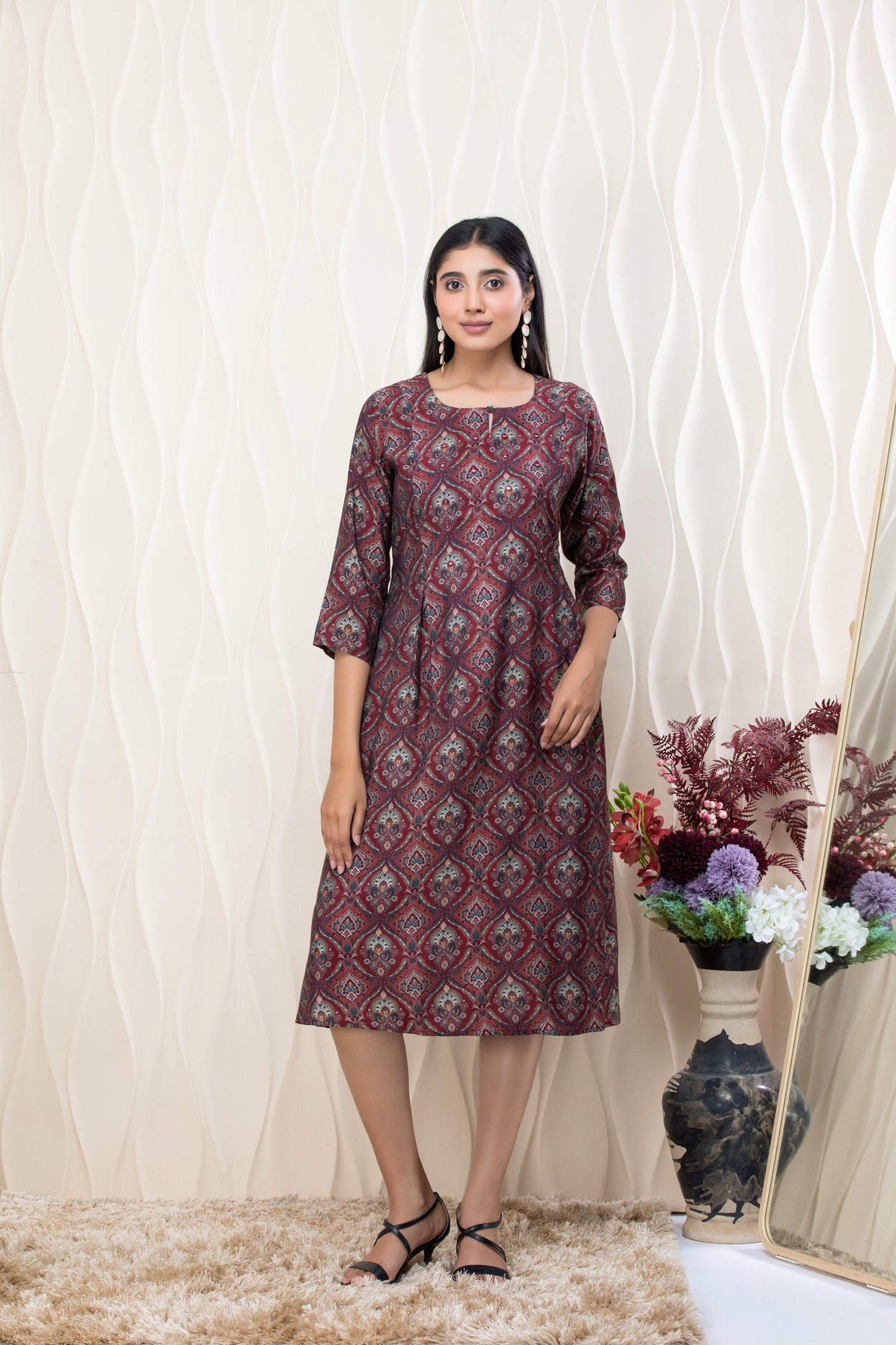 Maroon Geometric Ethnic Print A-Line Midi Dress – 3/4 Sleeve