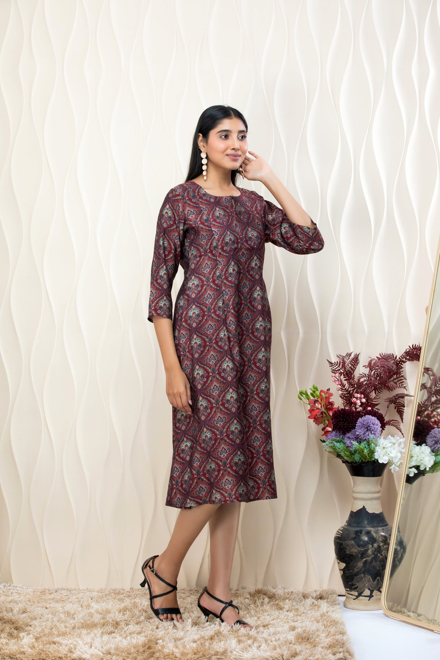 Maroon Geometric Ethnic Print A-Line Midi Dress – 3/4 Sleeve